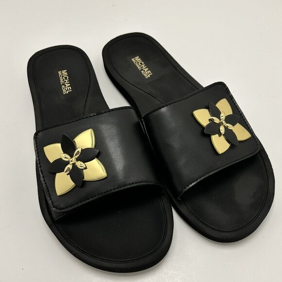 MICHAEL KORS NAPPA BLACK/GOLD FLOWER SUMMER SLIDE SANDAL SIZE 8.5-9 Adjustable - Picture 1 of 4